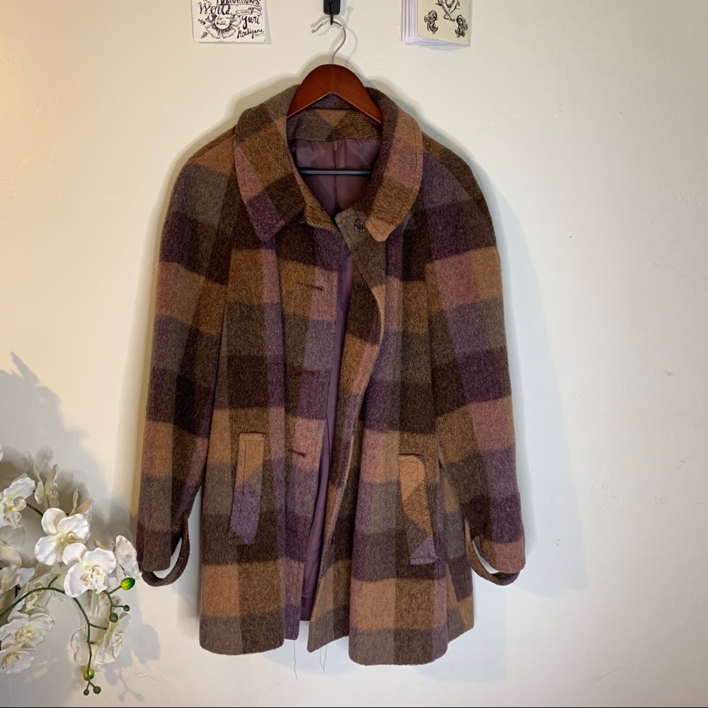 Vintage Brown Check Mid Length Thick Pea Coat